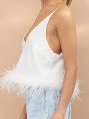White Sequin Feather Trim Top