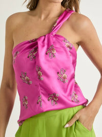 Pink Floral Print One Shoulder Top