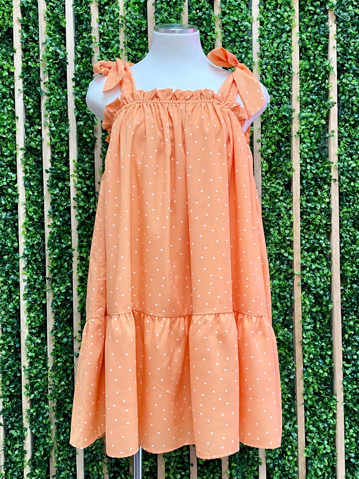 Tangerine Dots Shoulder Tie Short Dress