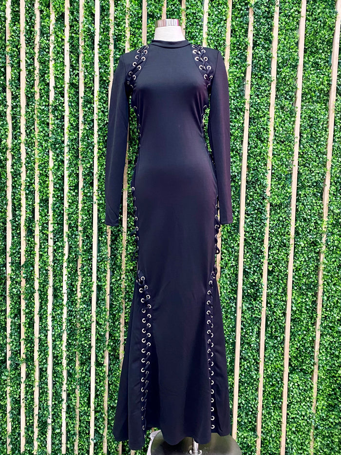 Show Stopper Black Lace Up Mermaid Maxi