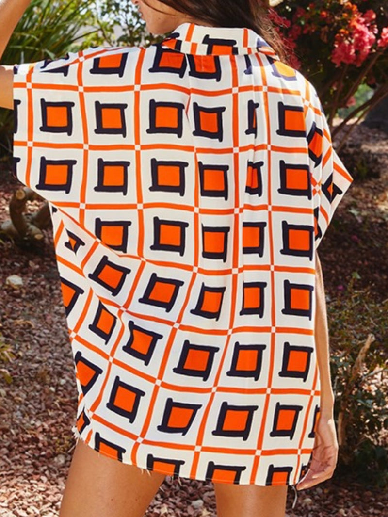 Orange Navy Squares Button Down Blouse
