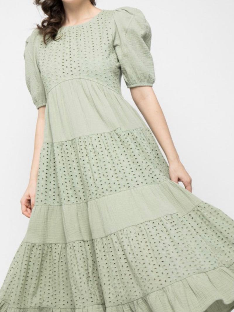 Sage Eyelet Balloon Sleeve Dress