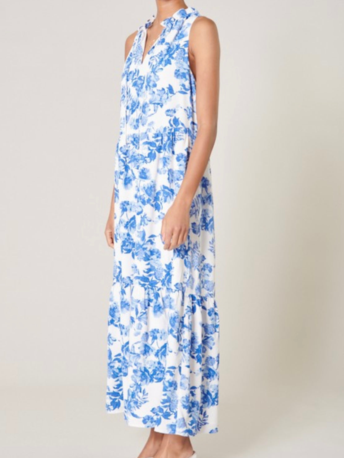 Blue Floral Ruffled Midi Dress