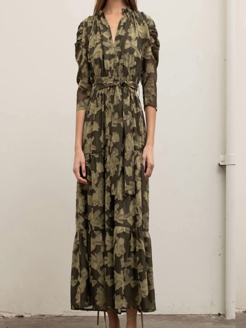 Olive Floral Embossed Tiered Midi Dress