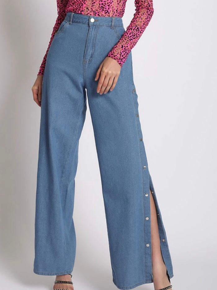 Button Detail Wide Leg Denim Pants