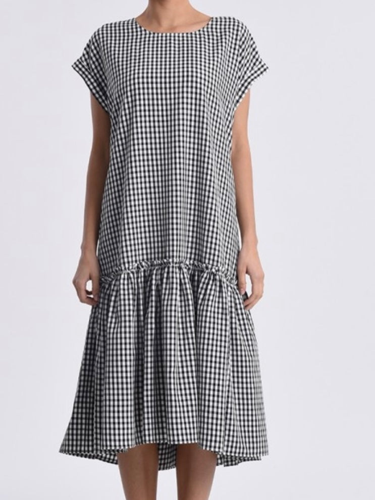 Black Gingham Cap Sleeve Midi Dress