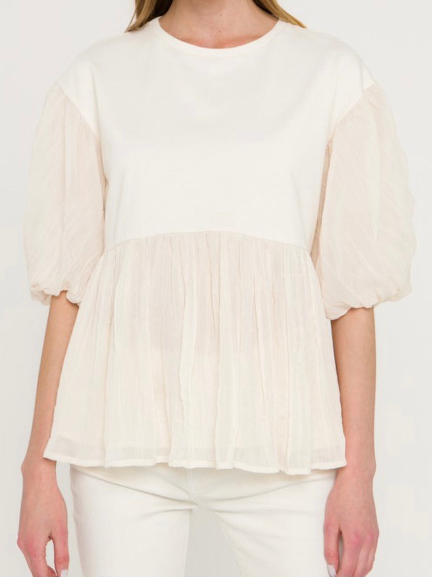 Beige Contrast Balloon Sleeve Top