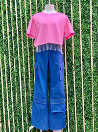 Rhinestone Fringe Crop Shirt