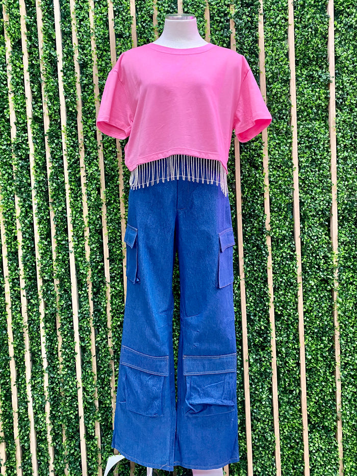 Rhinestone Fringe Crop Shirt