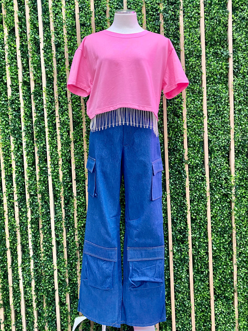 Rhinestone Fringe Crop Shirt