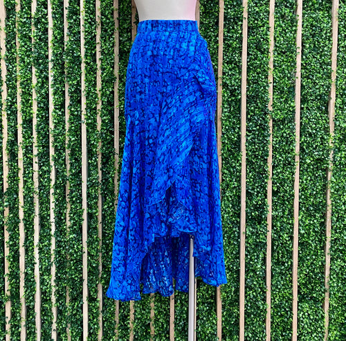 Blue Print Ruffled Midi Skirt
