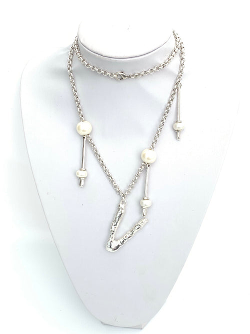 V Initial Pearls Long Necklace