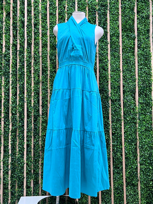 Turquoise  Cross Neck Midi Dress