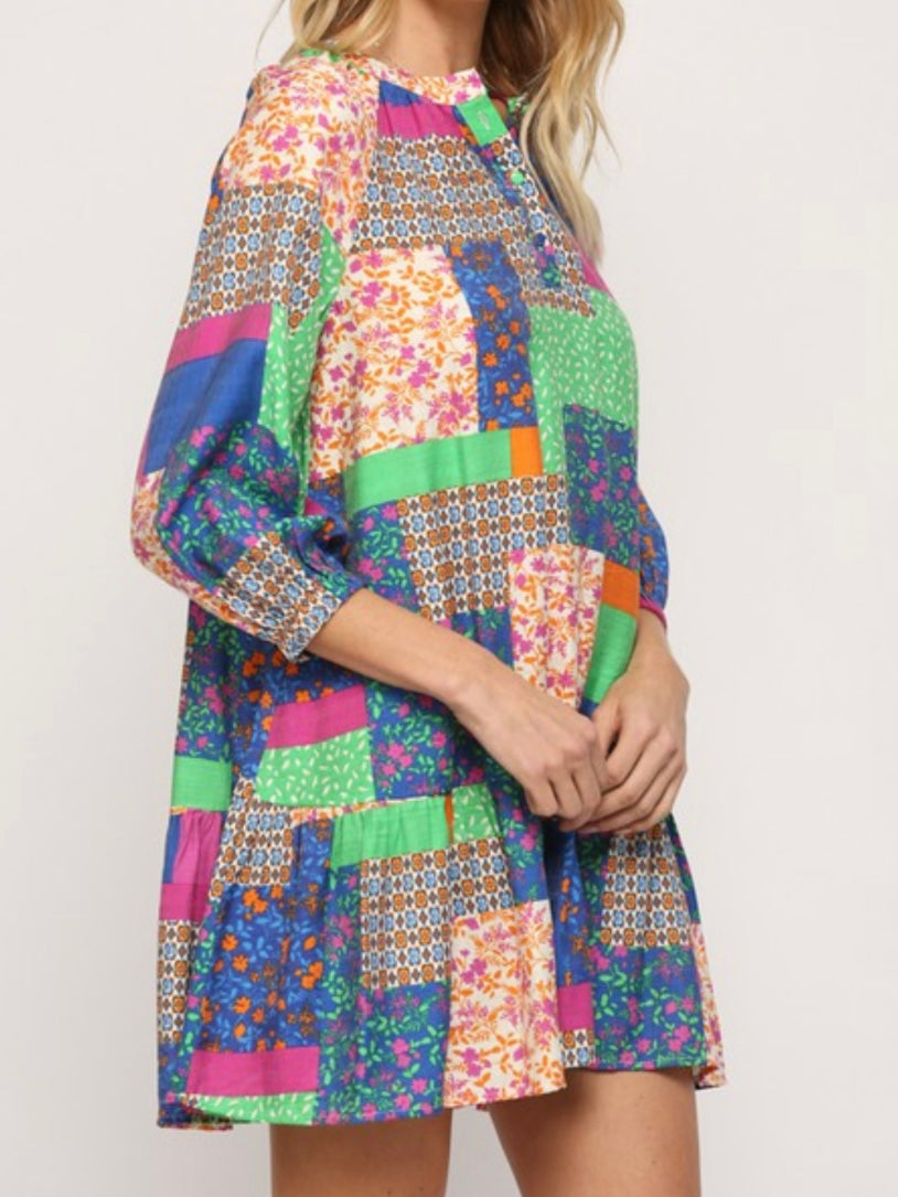 Green Orange Patchwork Drop Waist Dress