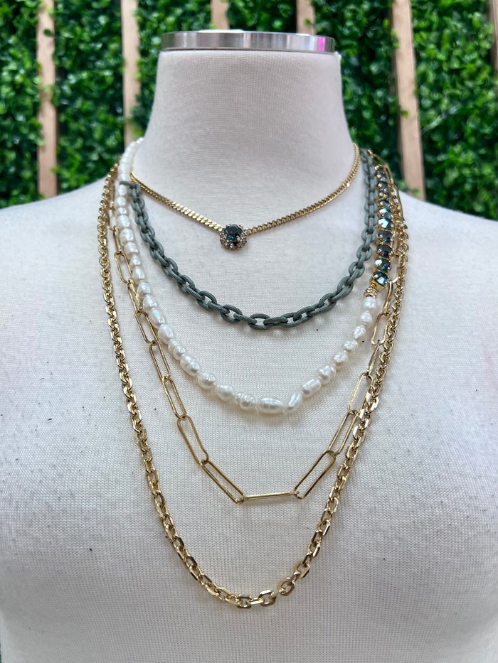 Pearl Blue Crystals Multi Layer Necklace