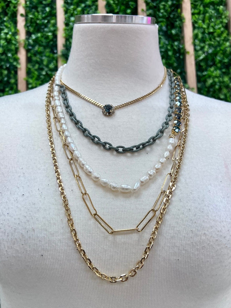 Pearl Blue Crystals Multi Layer Necklace