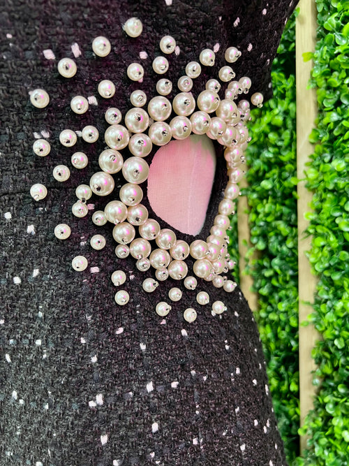 Tweed Pearl Detail Cutout Short Dress