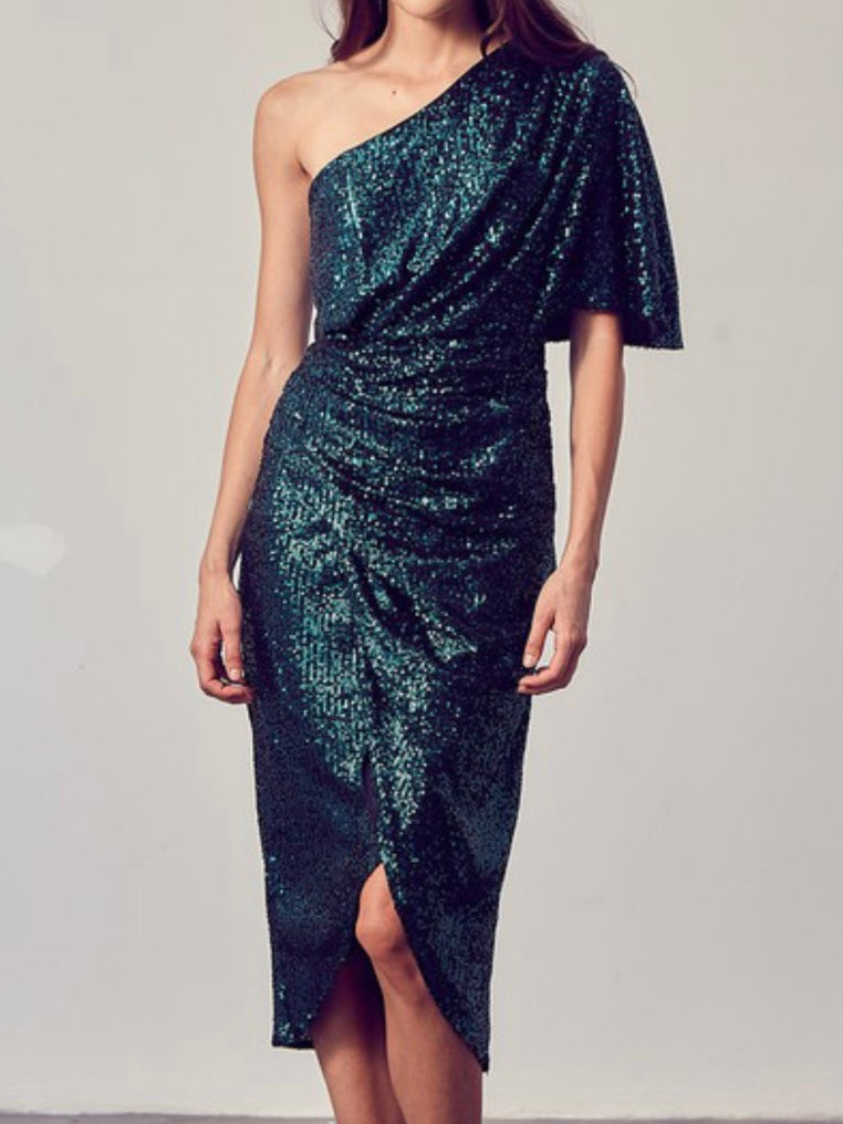 Sequin One Shoulder Midi Dress