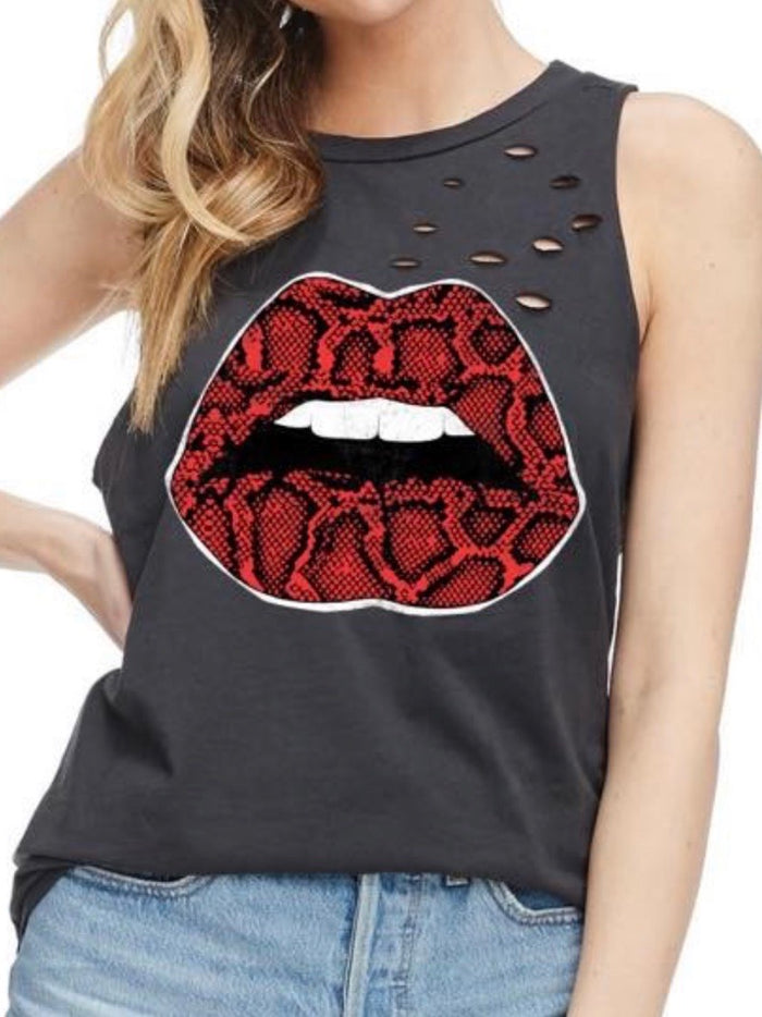 Snakeskin Lips Distressed Muscle Tee