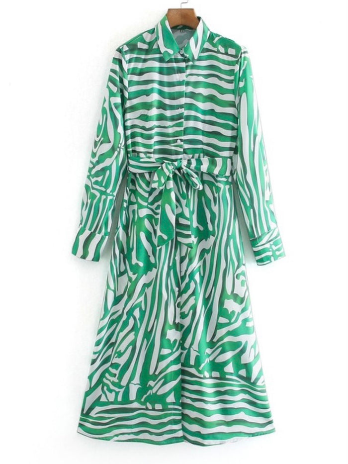 Green Zebra Button Down Midi Dress