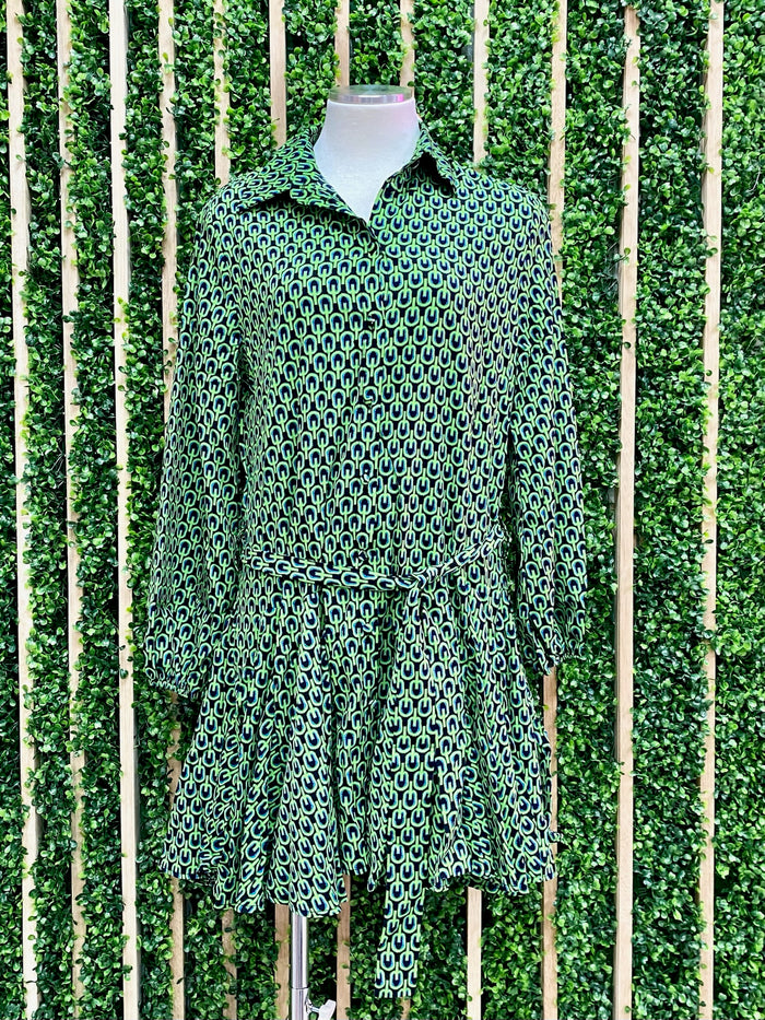 Geo Green Button Down Short Dress