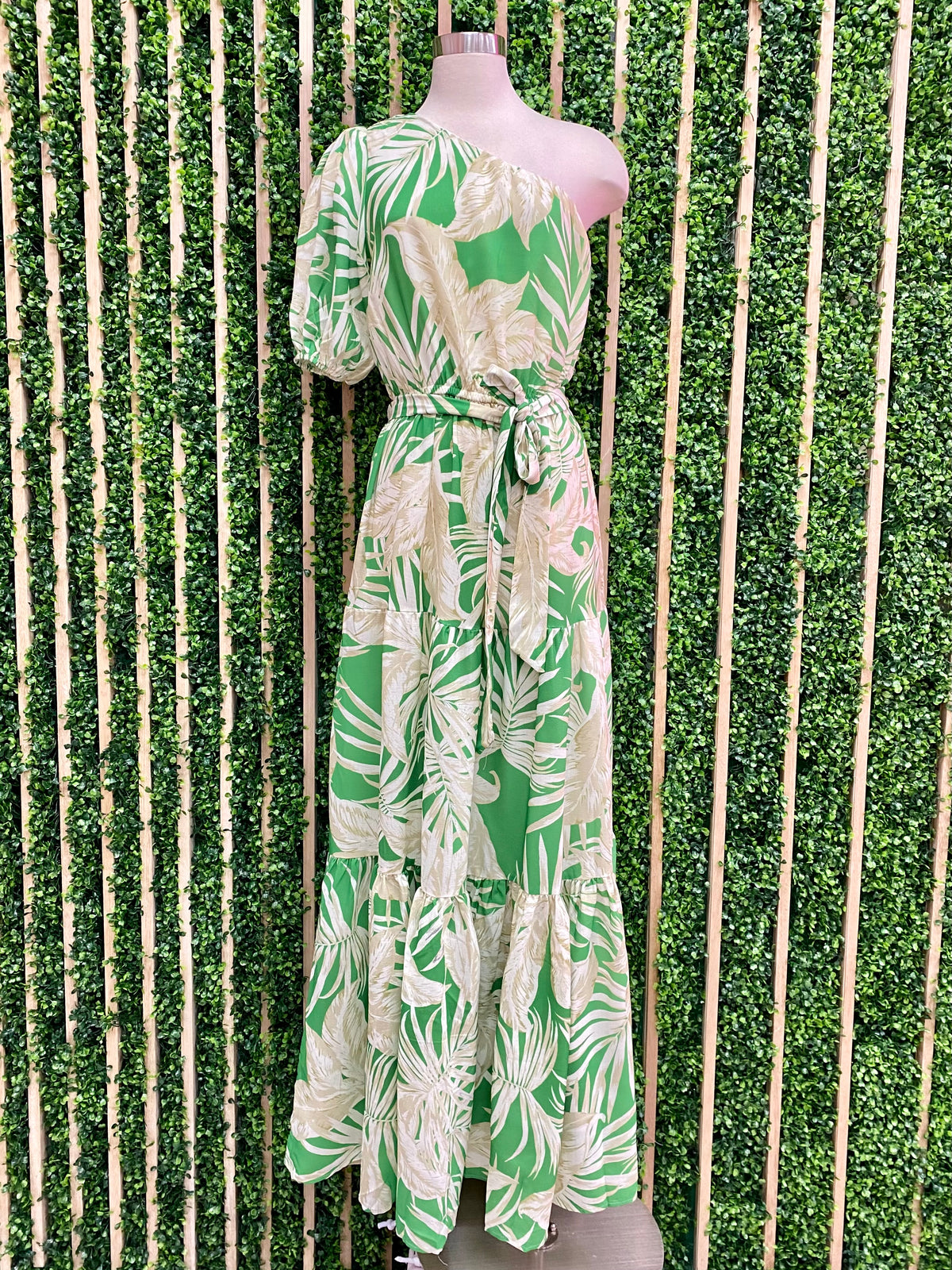 Green Tropical One Shoulder Maxi Dress