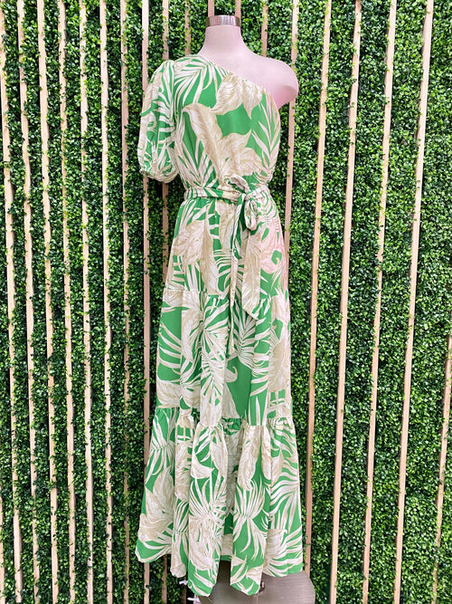 Green Tropical One Shoulder Maxi Dress
