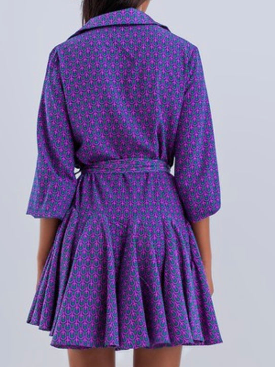 Purple Print Shirt Short Dress