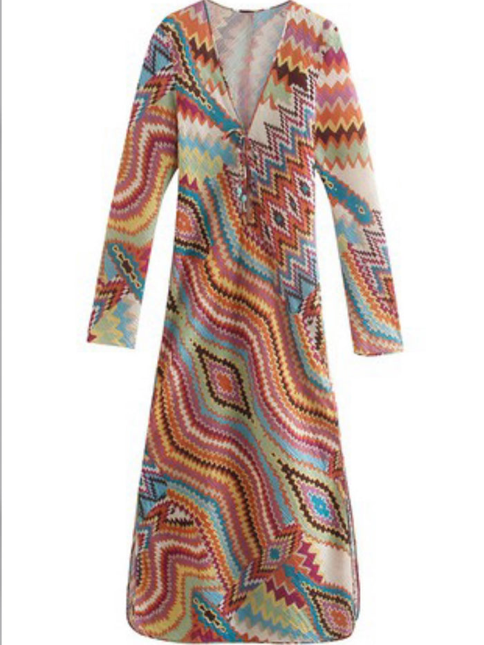 Multicolor Chevron V Neck Midi Dress