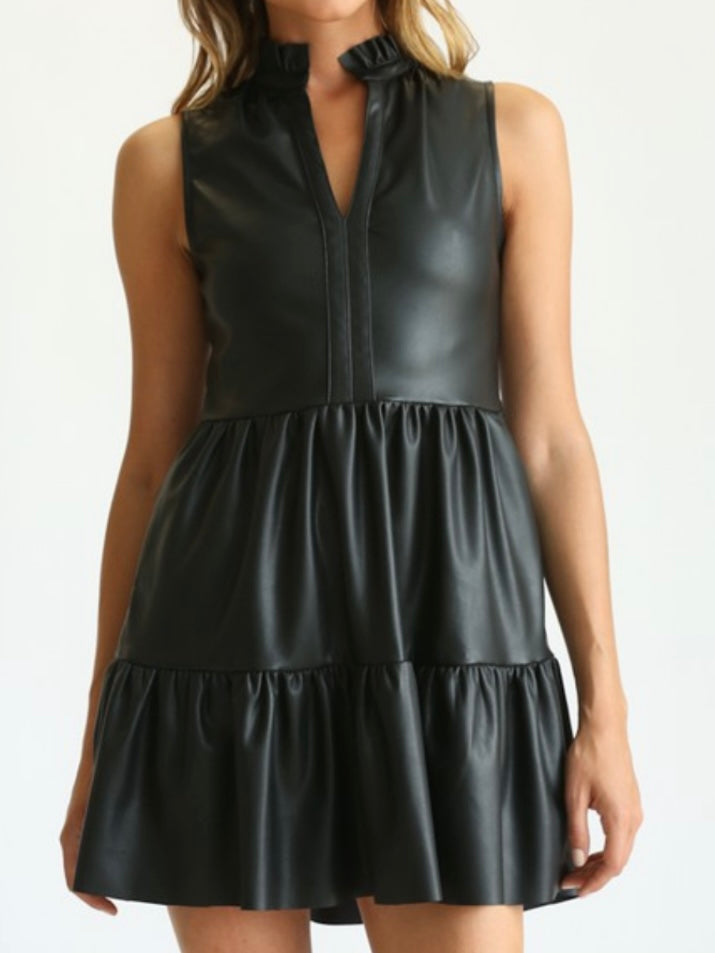 Black Sleeveless Tiered Pleather Dress