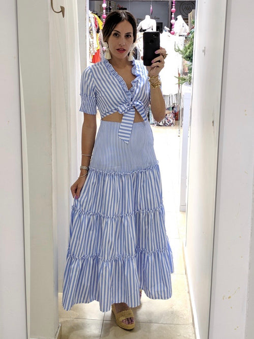 Blue Striped Tiered Cutout Maxi Dress