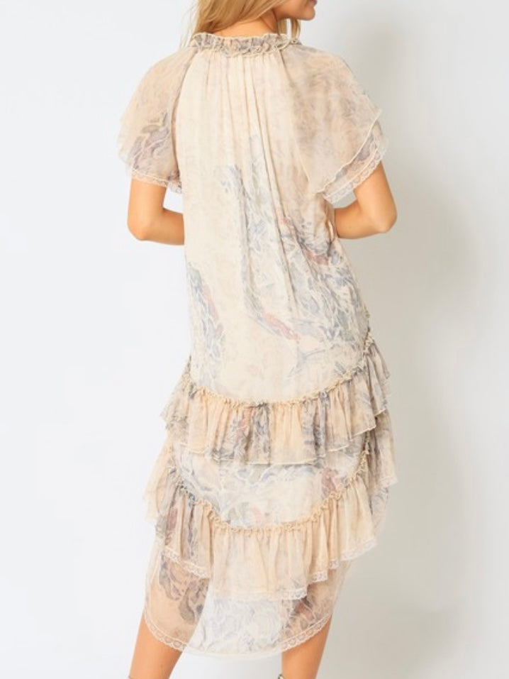 Taupe Print Hi Lo Ruffled Short Dress