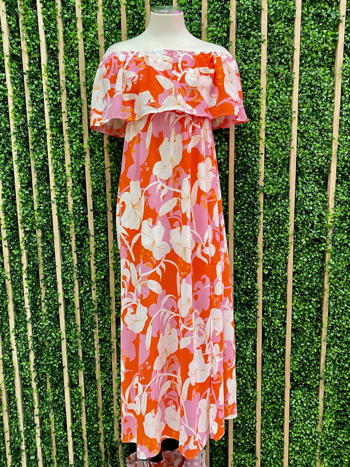 Pink Orange Strapless Floral Maxi