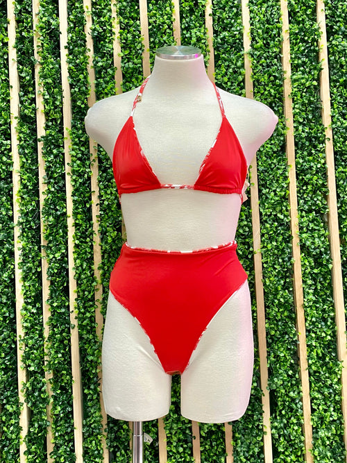 Red Tropical High Waist Bikini Set