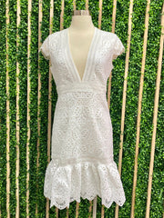 White Lace V Neck Tiered Dress