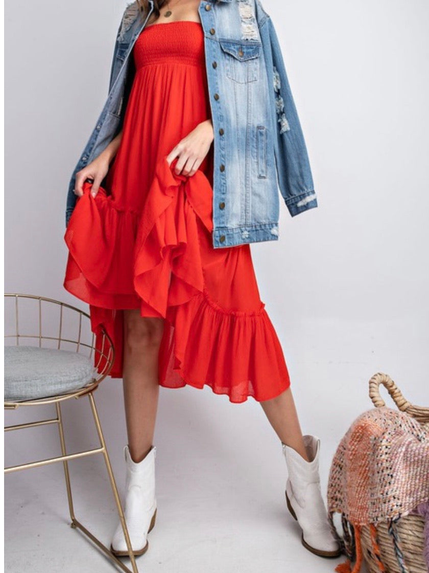 Hot Coral Tiered Midi Skirt