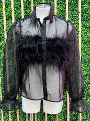 Black Organza Feather Chest Blouse