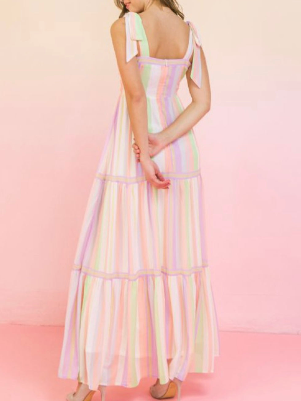 Ivory Peach Lilac Striped Maxi Dress