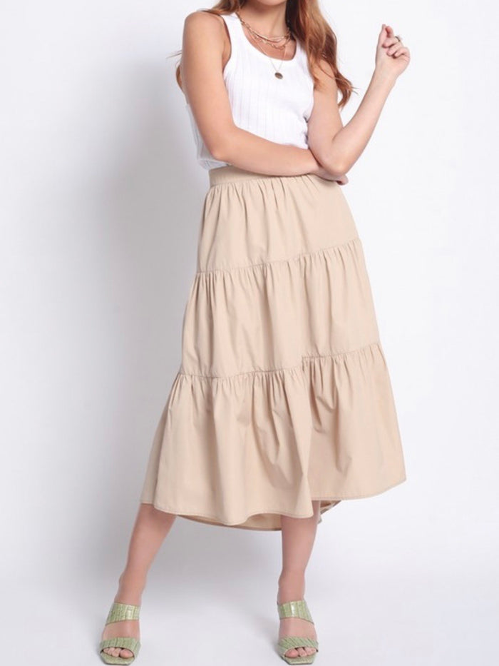 Beige Tiered Midi Skirt