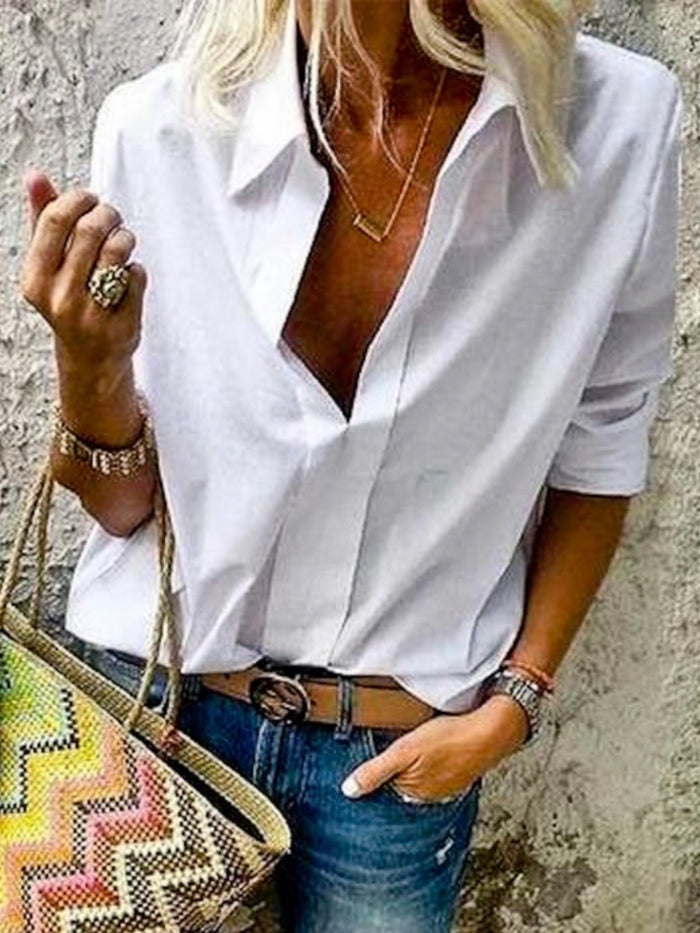 Turn Down Collar V Neck Blouse