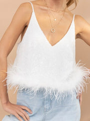 White Sequin Feather Trim Top