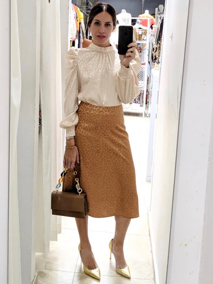 Camel Leopard Pattern Midi Skirt