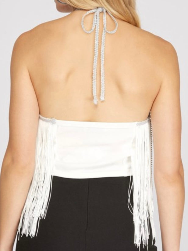 Rhinestone Detail Halter Fringe Top