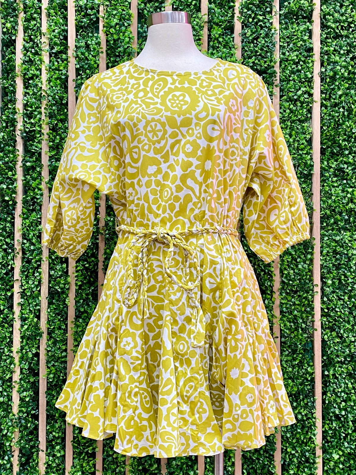 Lime Yellow Print Self Belted Short Dress