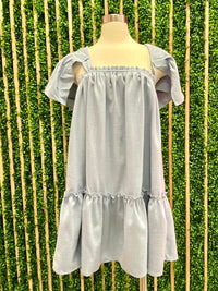 Blue Textured Flutter Sleeve Short Dress