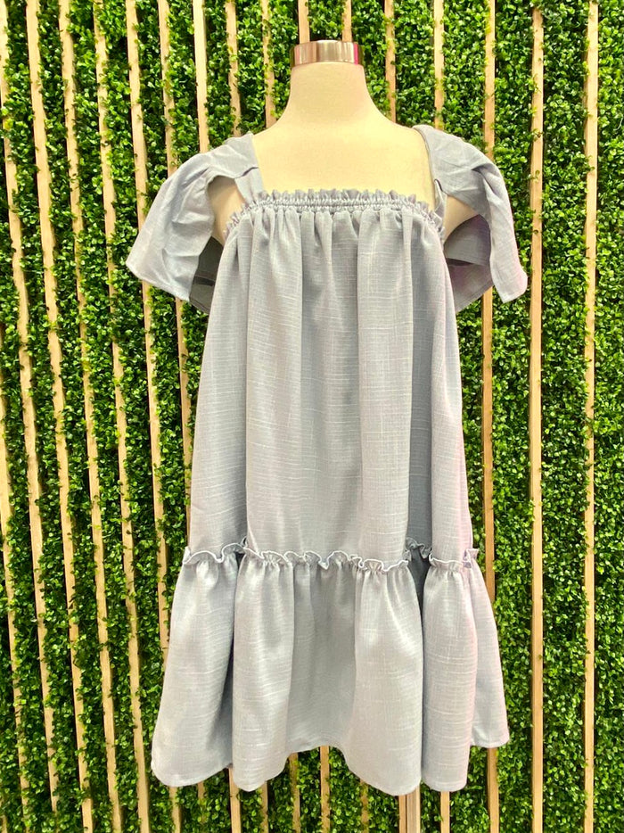 Blue Textured Flutter Sleeve Short Dress