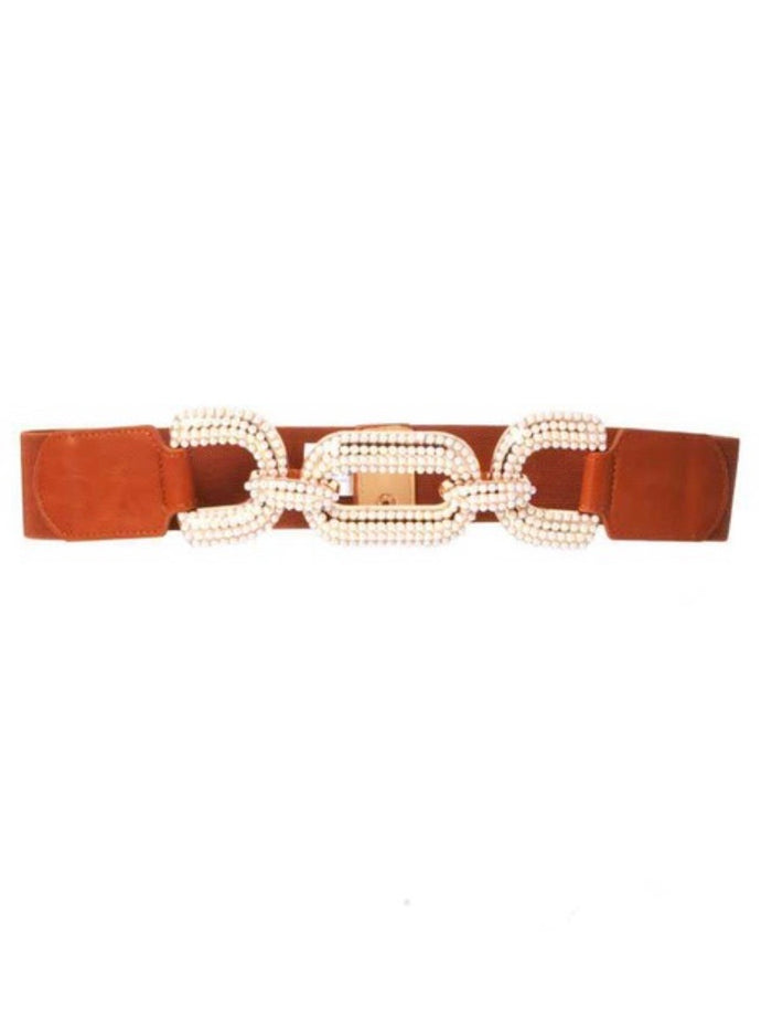 Camel Pearl Studded Elastic Belt