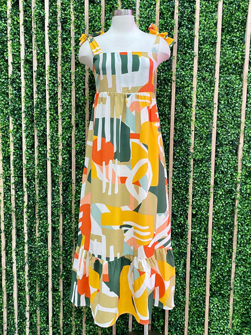Yellow Abstract Print Tiered Maxi Dress