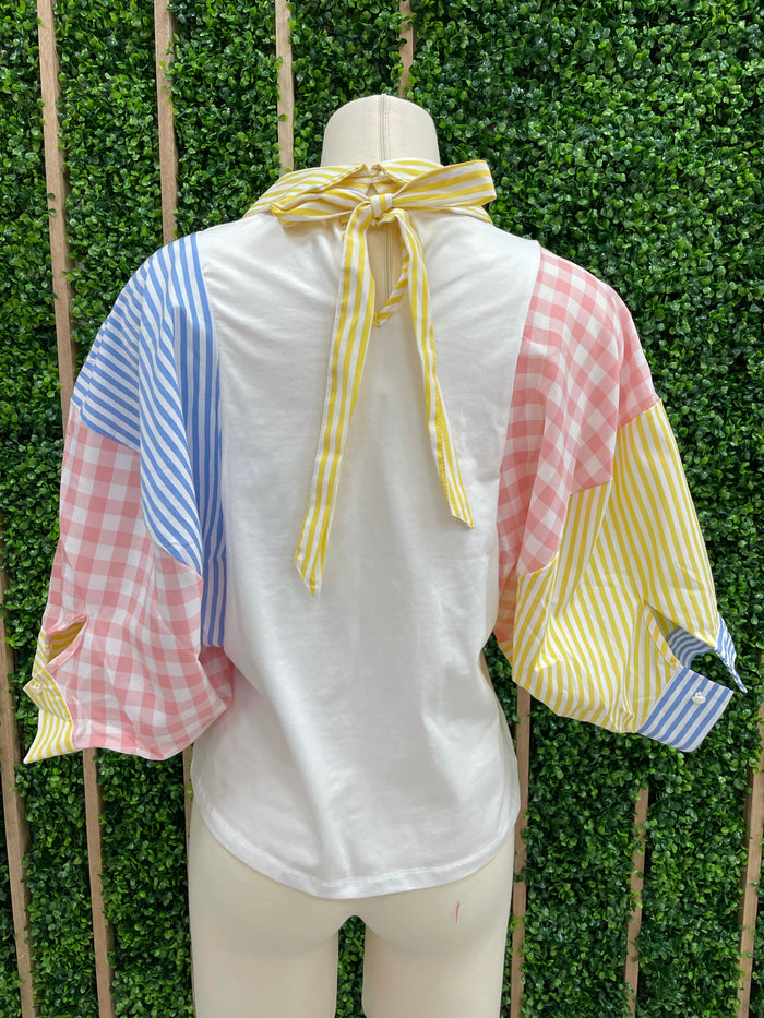 Color Block collar Puff Sleeve Top