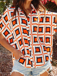 Orange Navy Squares Button Down Blouse